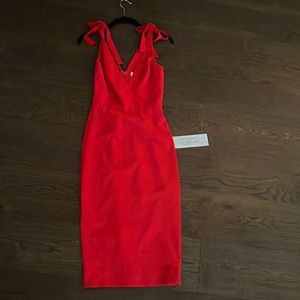 NWT. RED MIDI DRESS. MED STRAPS WITH BOWS. XS